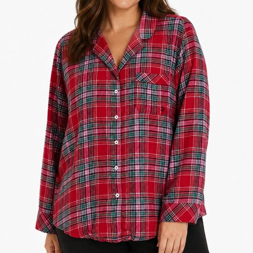 Victoria's Secret Pajama Top Womens L NWT Red Plaid Button Front Christmas Sleep